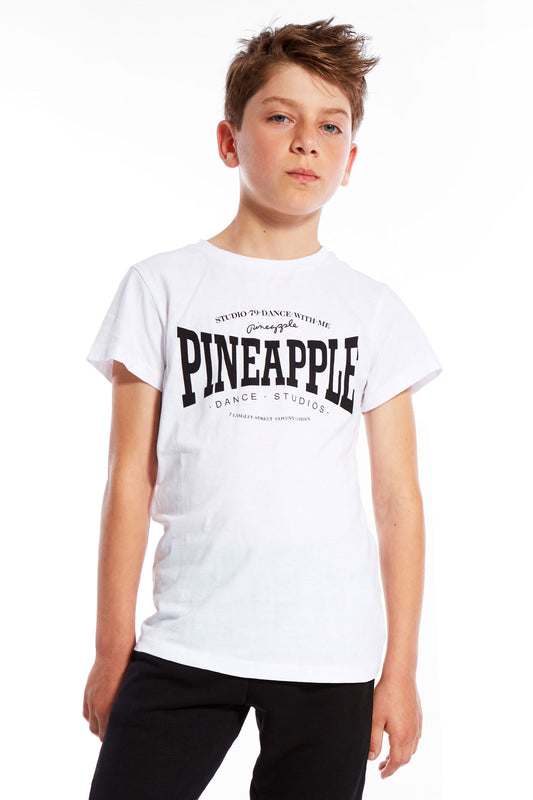 Boy wearing white Unisex Pineapple Dance T-Shirt
