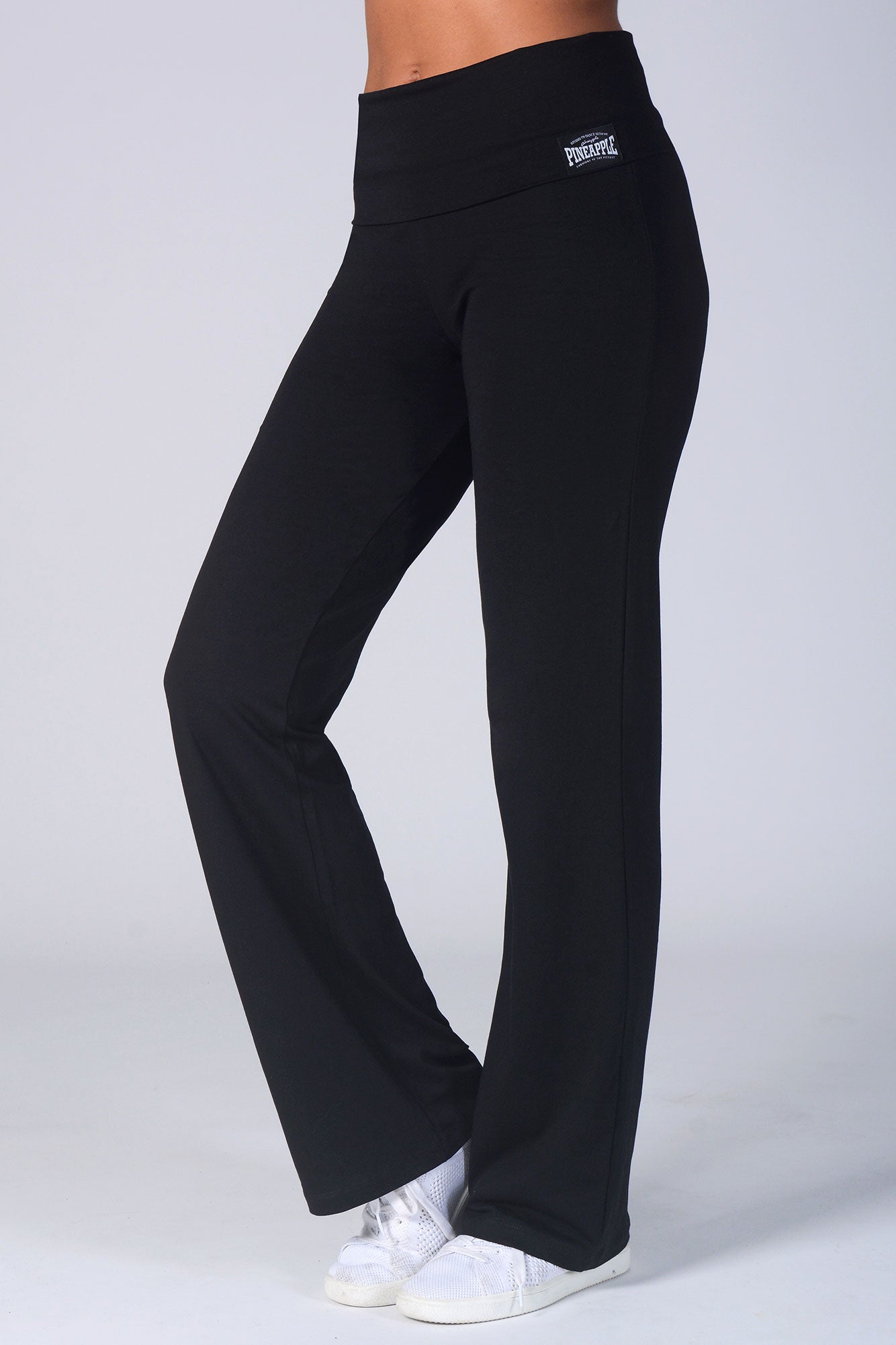 Black Yoga Trousers with Fold Down Waist Band, Pineapple