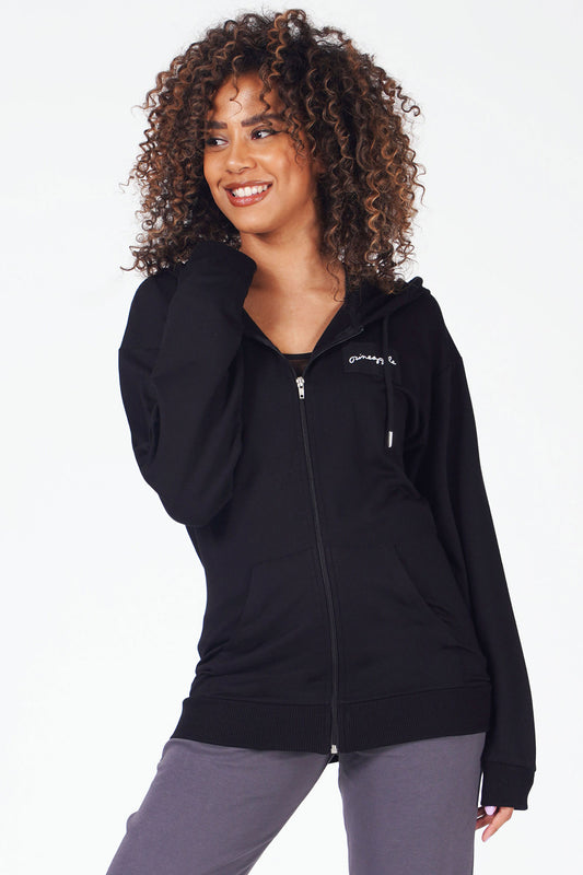 Woman wearing Pineapple black zip front hoodie