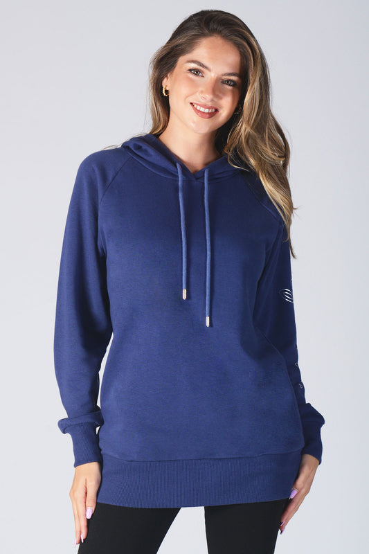Woman wearing Pineapple navy Loopback Longline Hoodie