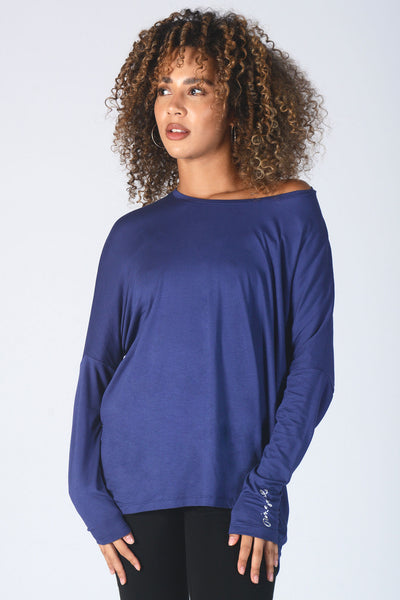 Woman wearing Pineapple navy Script Long Sleeve T-Shirt