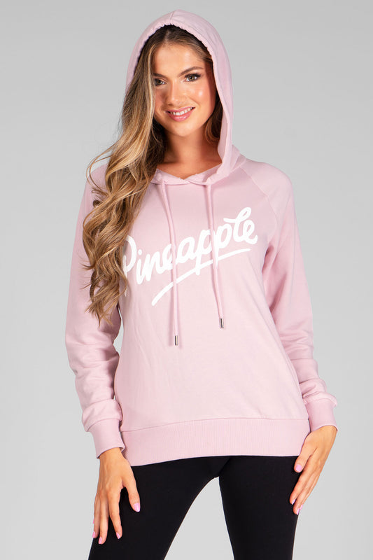 Woman wearing Pink Retro Hoodie with white logo